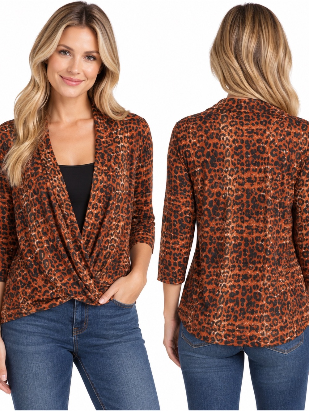 Women's Rust Leopard Print Drape Front Sweater Top - 1101